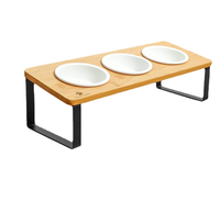 Pet Cat Bowl Holder Ceramic Double Bowl Oblique Mouth Eating Frame Protecting Cervical Neck Cat Food Basin Pet Dog Bowl Adjustable Bamboo Wood Frame