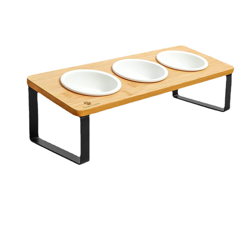 Pet Cat Bowl Holder Ceramic Double Bowl Oblique Mouth Eating Frame Protecting Cervical Neck Cat Food Basin Pet Dog Bowl Adjustable Bamboo Wood Frame
