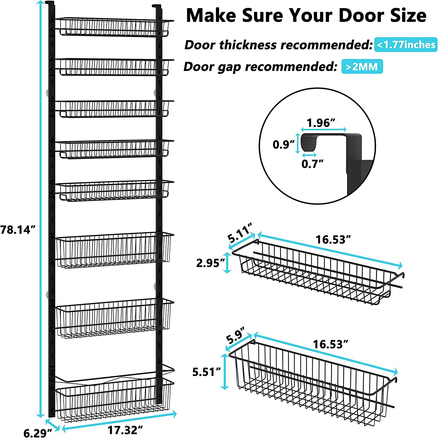 Home Multi-level Adjustable Basket Food Storage Room Organizing Rack with Detachable Space Saving Door Hanging Rack with Square Tube