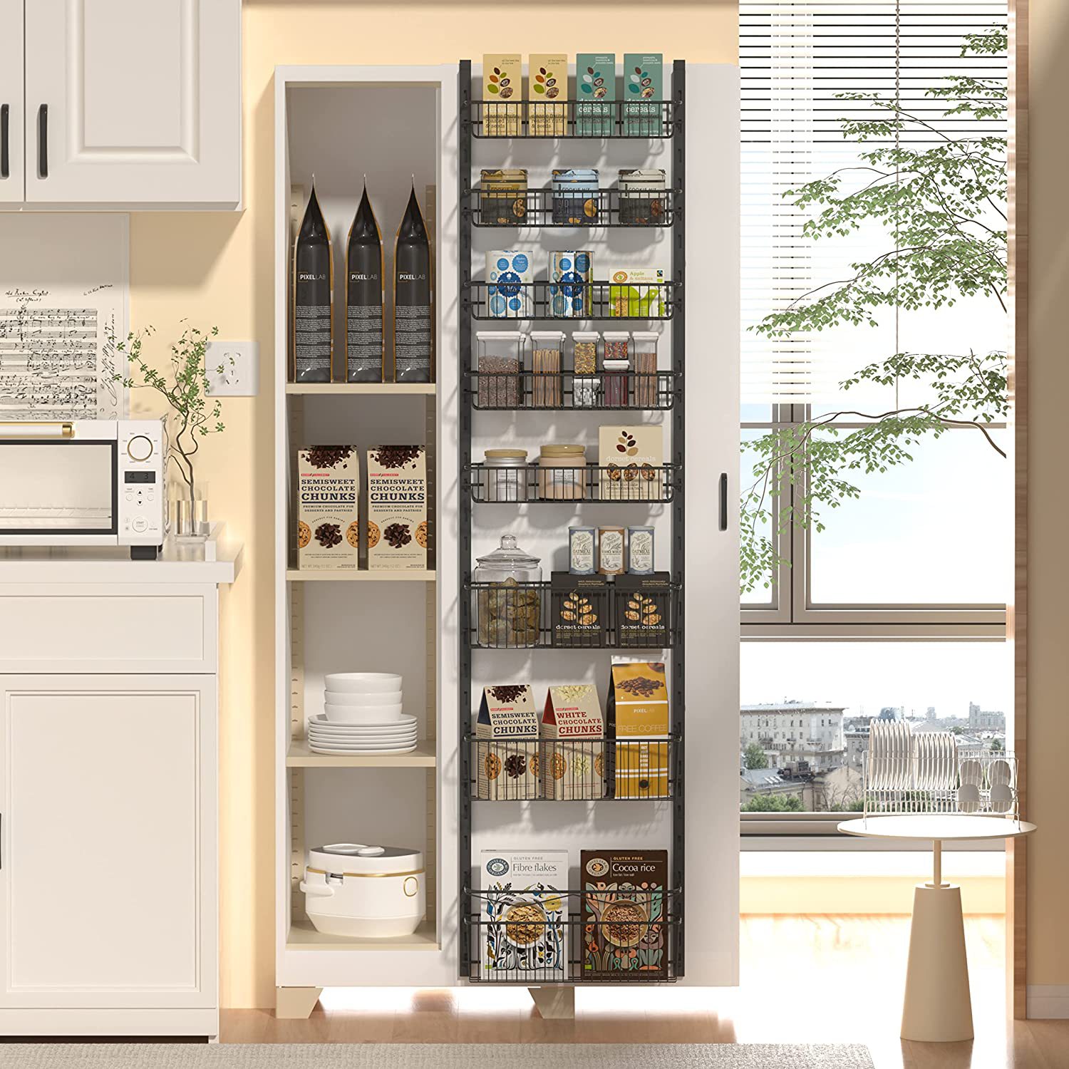 Home Multi-level Adjustable Basket Food Storage Room Organizing Rack with Detachable Space Saving Door Hanging Rack with Square Tube