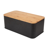 Kitchen Black Large Rectangle Wooden Bamboo Lid Storage Bin Cut Board Metal Bread Box Case