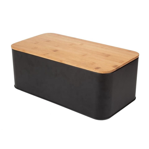Kitchen Black Large Rectangle Wooden Bamboo Lid Storage Bin Cut Board Metal Bread Box Case