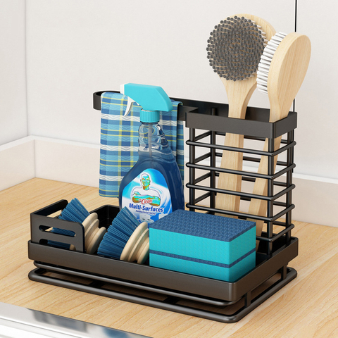 Sponge Dishwashing Brush Storage Rack with Drainage Tray, Detachable Kitchen Sink Storage Rack, Cloth Rack