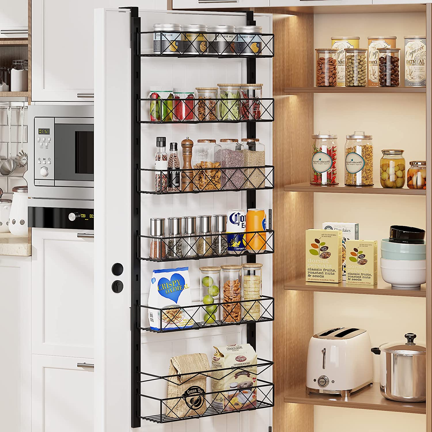 Home Multi-level Adjustable Basket Food Storage Room Organizing Rack with Detachable Space Saving Door Hanging Rack