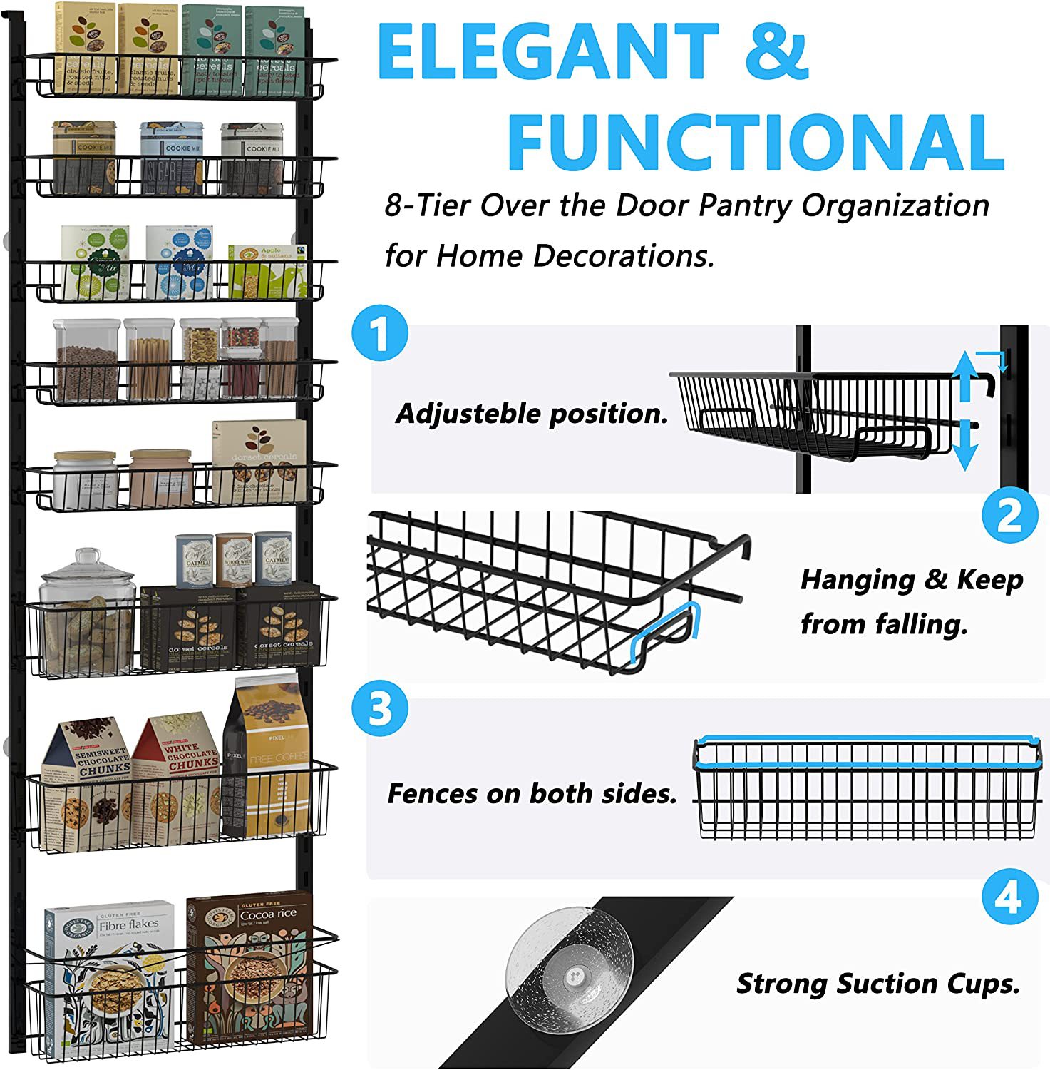 Home Multi-level Adjustable Basket Food Storage Room Organizing Rack with Detachable Space Saving Door Hanging Rack with Square Tube
