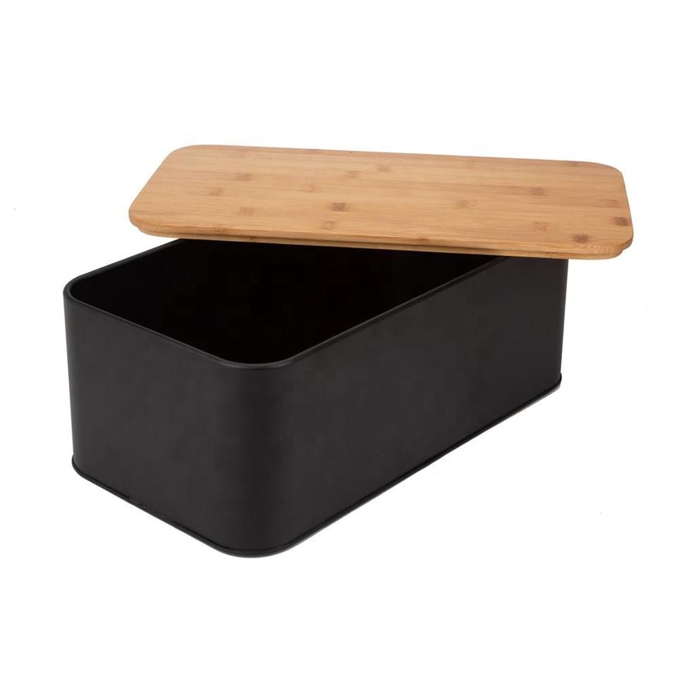 Kitchen Black Large Rectangle Wooden Bamboo Lid Storage Bin Cut Board Metal Bread Box Case