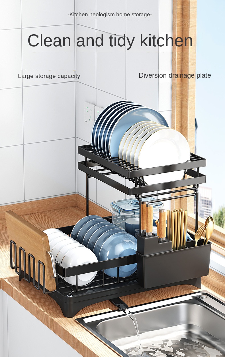 Kitchen Drainage Bowl And Dish Rack, Bowl And Dish Storage Rack, Detachable Water Guiding Double Layer Bowl And Dish Storage Rack, Chopsticks Rack