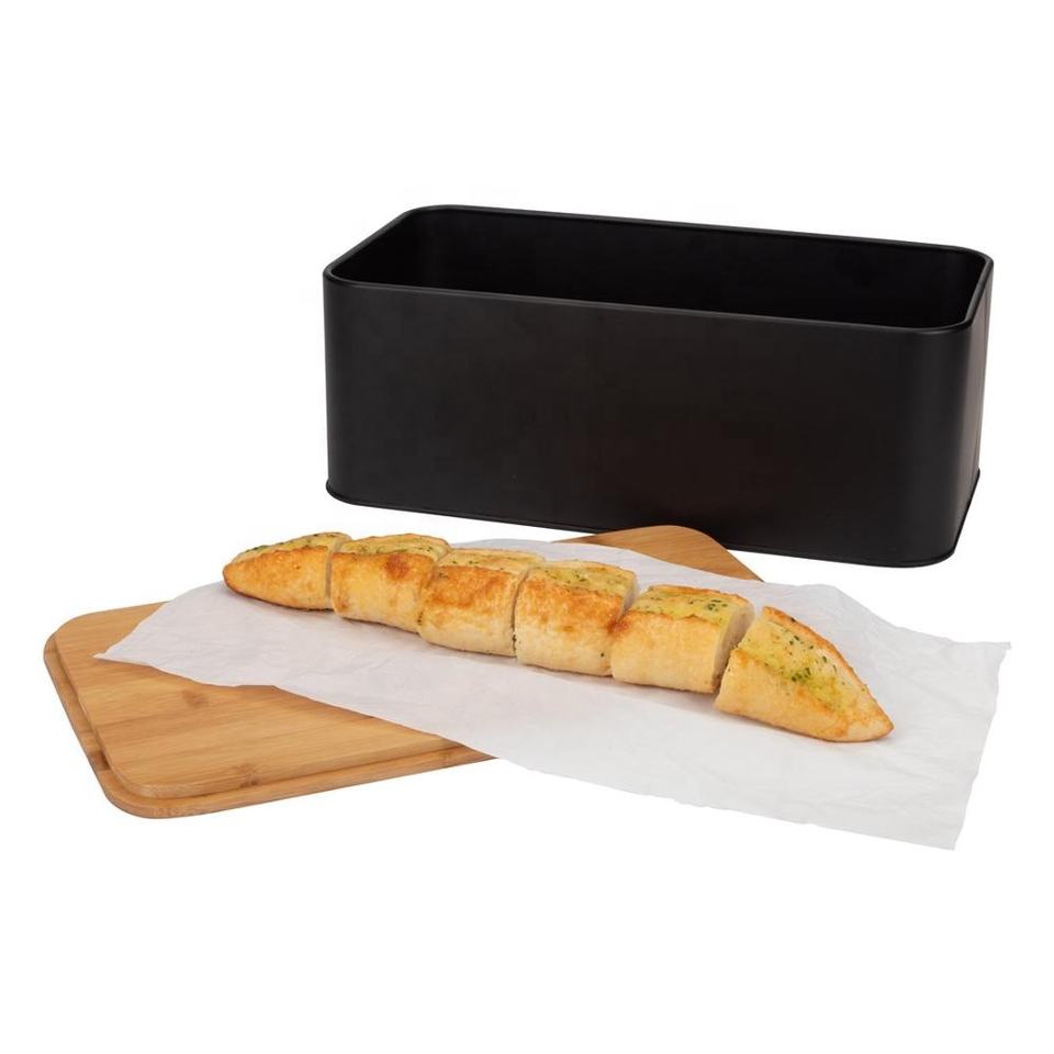 Kitchen Black Large Rectangle Wooden Bamboo Lid Storage Bin Cut Board Metal Bread Box Case