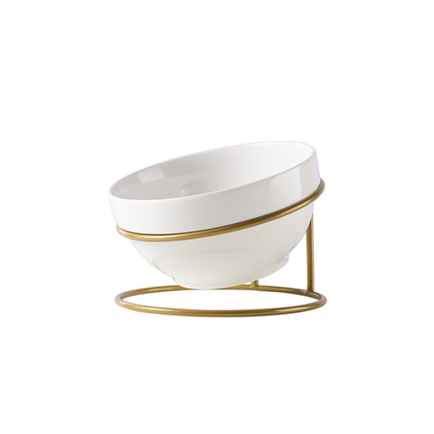 Pet Cat/Dog Bowl Holder Ceramic Double Bowl Oblique Mouth Eating Frame Protecting Cervical Neck