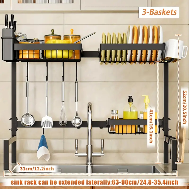Kitchen's New Proposal for An Integrated Square Pipe Sink Rack, Retractable Drain Bowl And Dish Rack, Storage Rack, Countertop Storage Rack