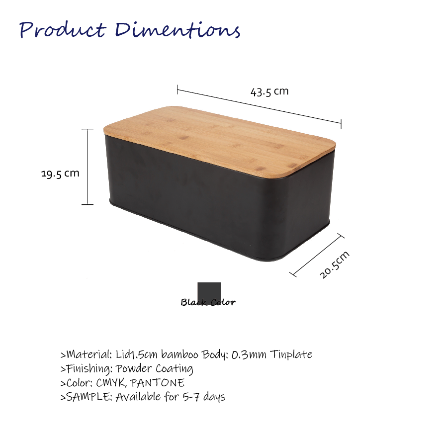 Kitchen Black Large Rectangle Wooden Bamboo Lid Storage Bin Cut Board Metal Bread Box Case