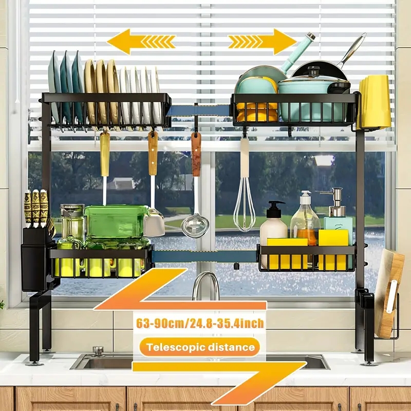 Kitchen's New Proposal for An Integrated Square Pipe Sink Rack, Retractable Drain Bowl And Dish Rack, Storage Rack, Countertop Storage Rack